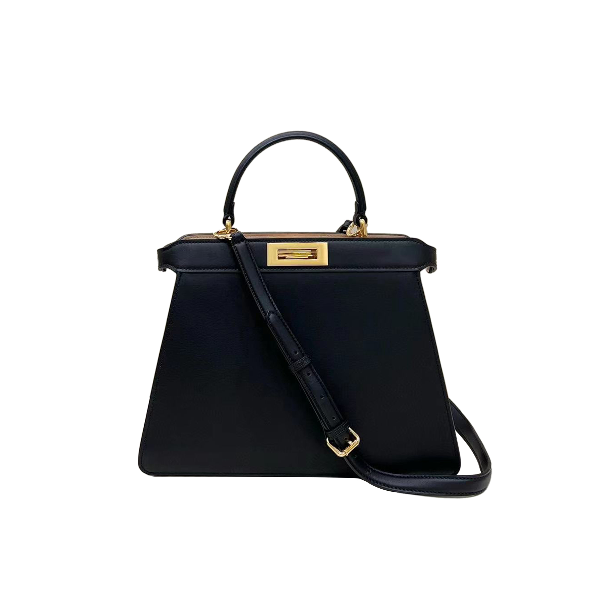 FENDI VITELLO MORGAN FABRIC JACQUARD PEQUIN MEDIUM PEEKABOO ICONIC SATCHEL BLACK TOBACCO (34*24*12cm)